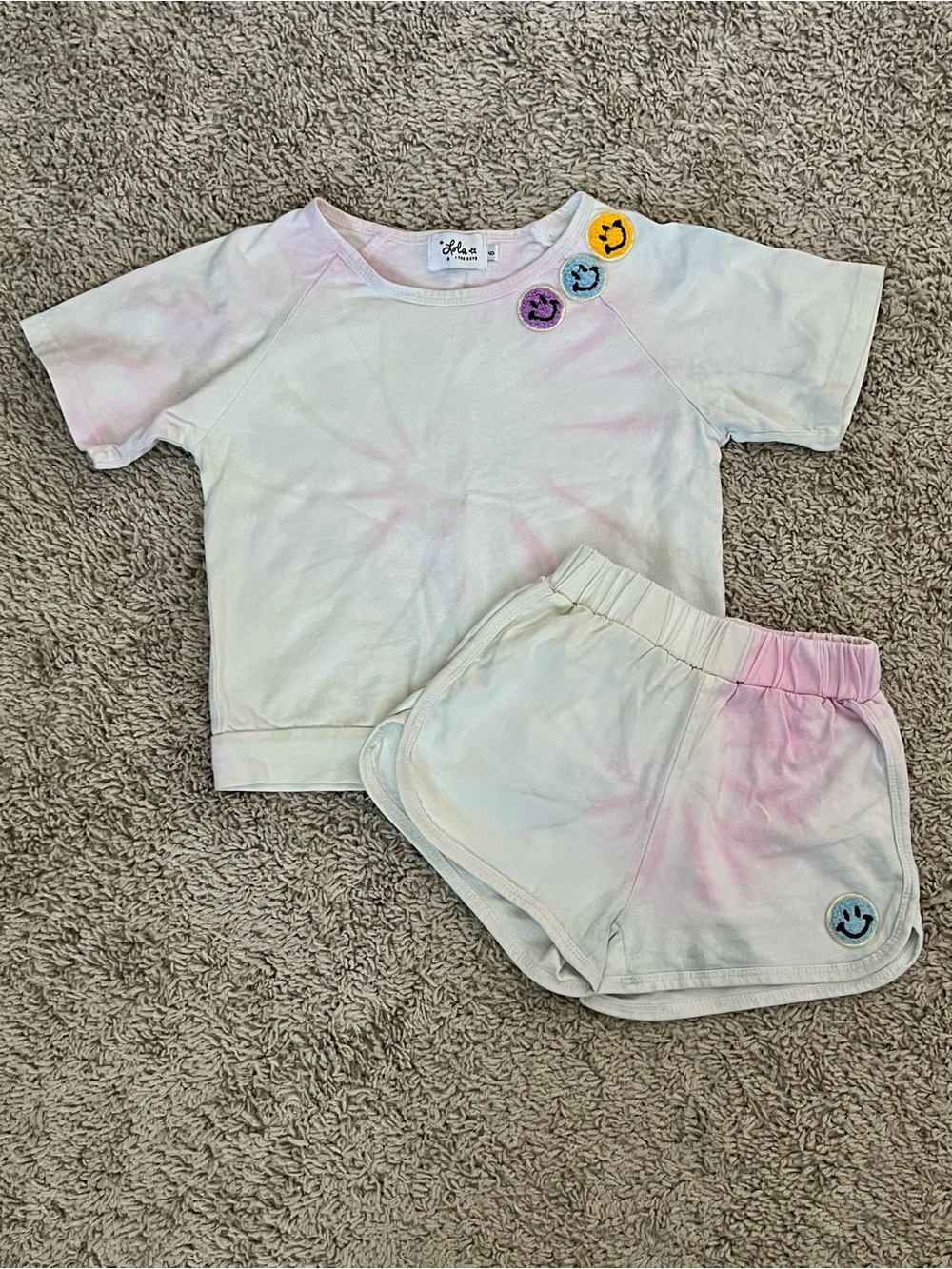 Lola + The Boys Pastel Tie-Dye Short Set - Pink & Blue Smile Patches